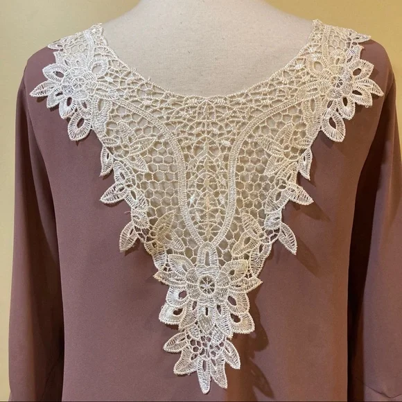 Crochet Lace Back Bell Sleeves Rose Chiffon Blouse - Picture 7 of 8